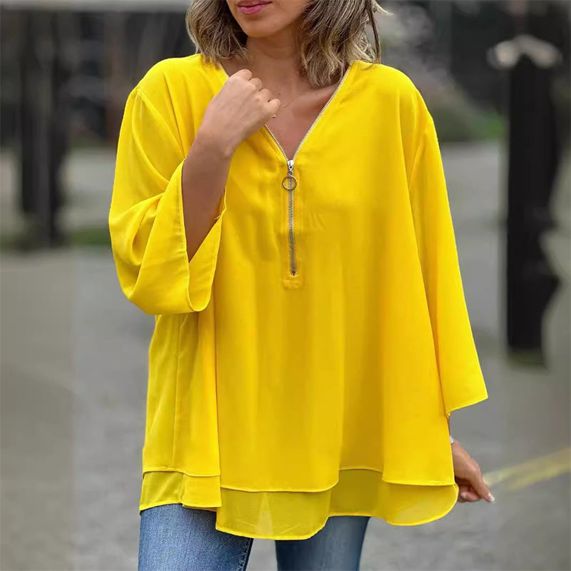 Lesley - V-Neck Flowy Zipped Top
