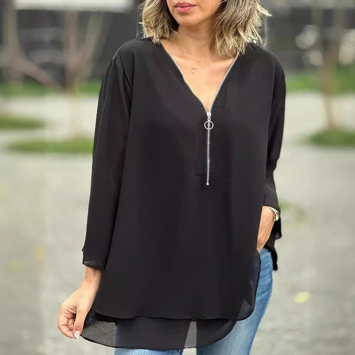Lesley - V-Neck Flowy Zipped Top