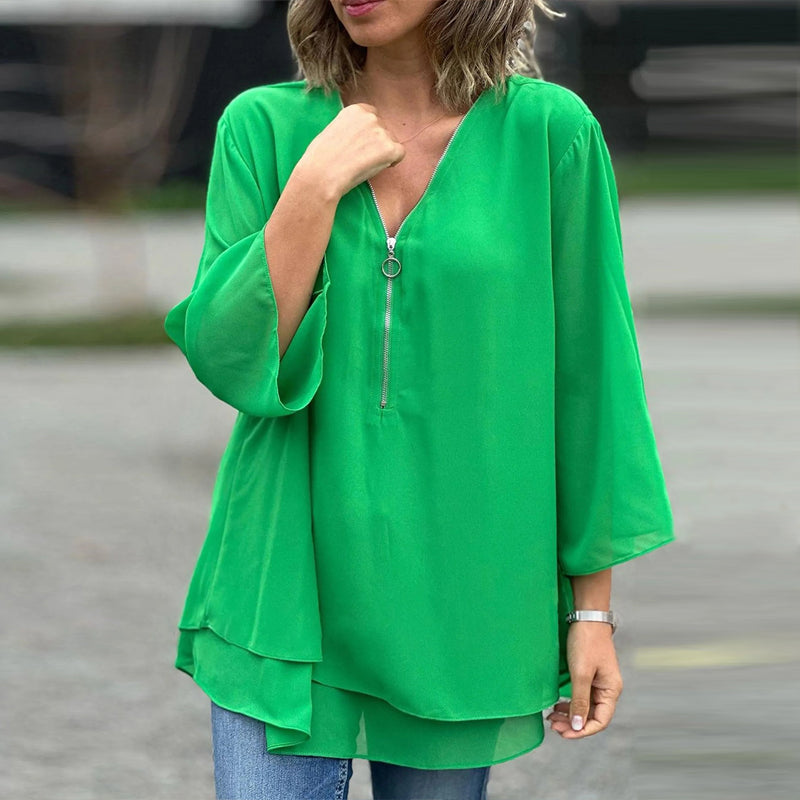 Lesley - V-Neck Flowy Zipped Top