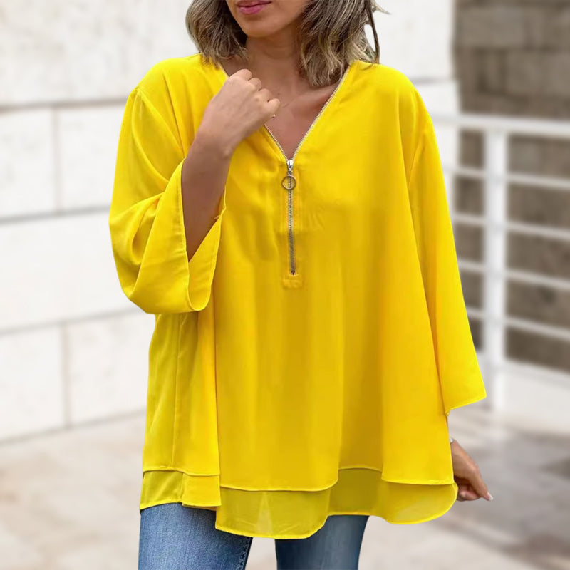 Lesley - V-Neck Flowy Zipped Top