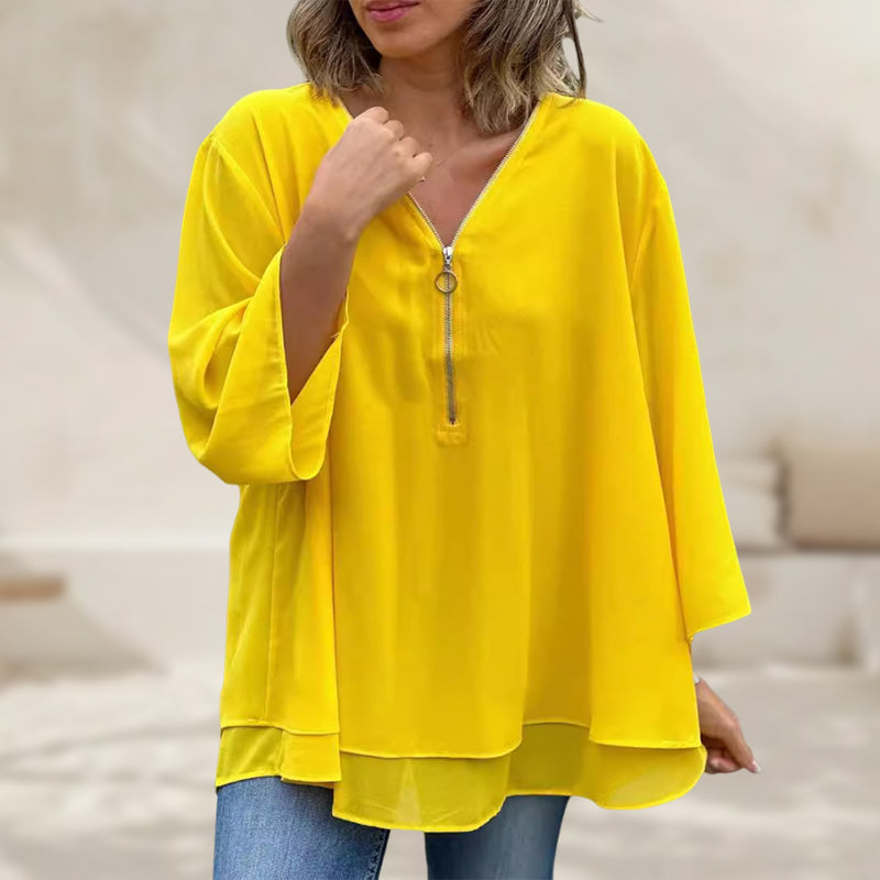 Lesley - V-Neck Flowy Zipped Top