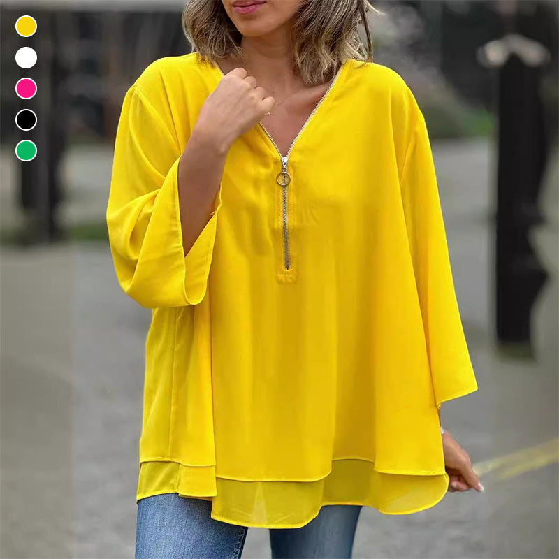 Lesley - V-Neck Flowy Zipped Top