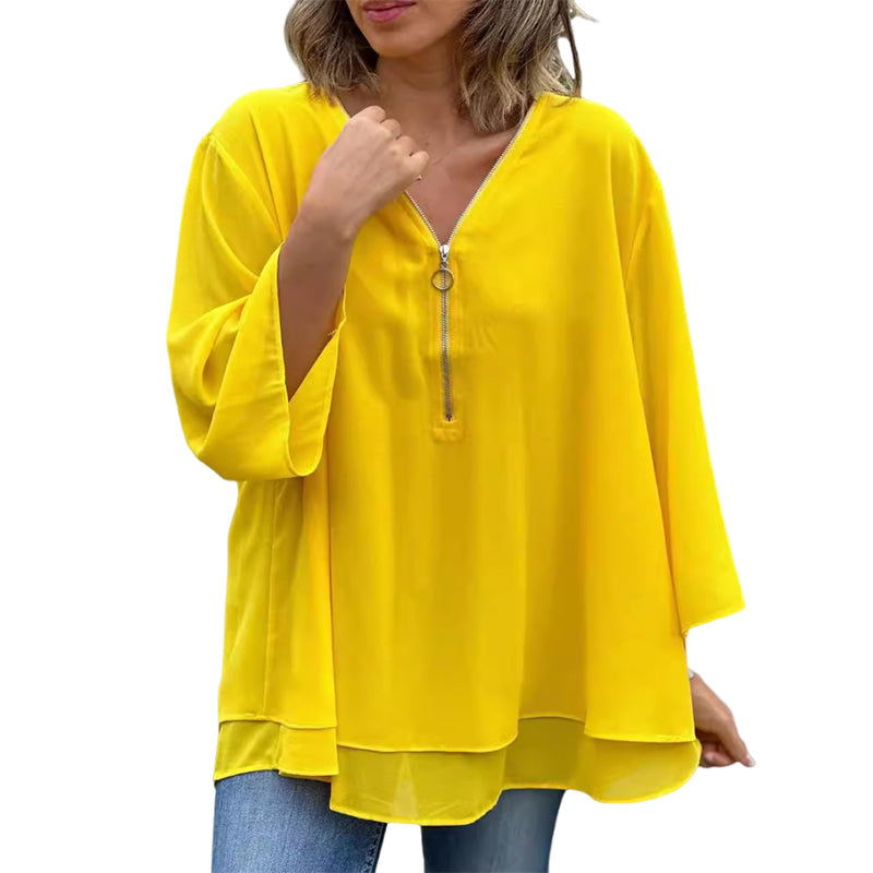 Lesley - V-Neck Flowy Zipped Top