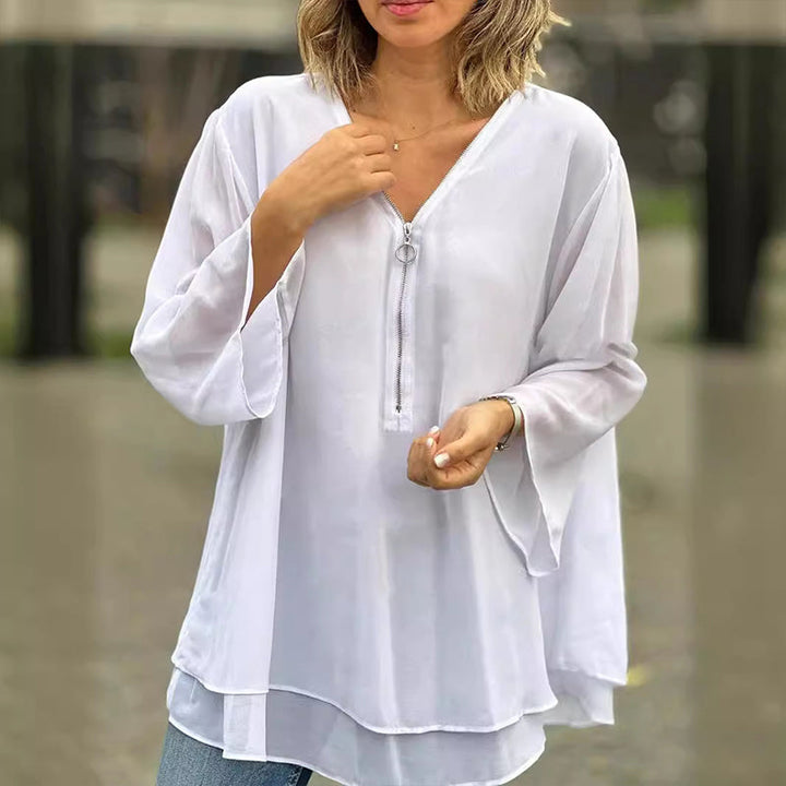 Lesley - V-Neck Flowy Zipped Top